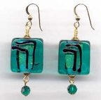 Earrings of Lagoon Green Squares with Black Lines